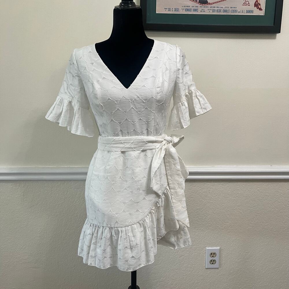 C/MEO Collective White Ruffle Tie-Waist Mini Dress Size S